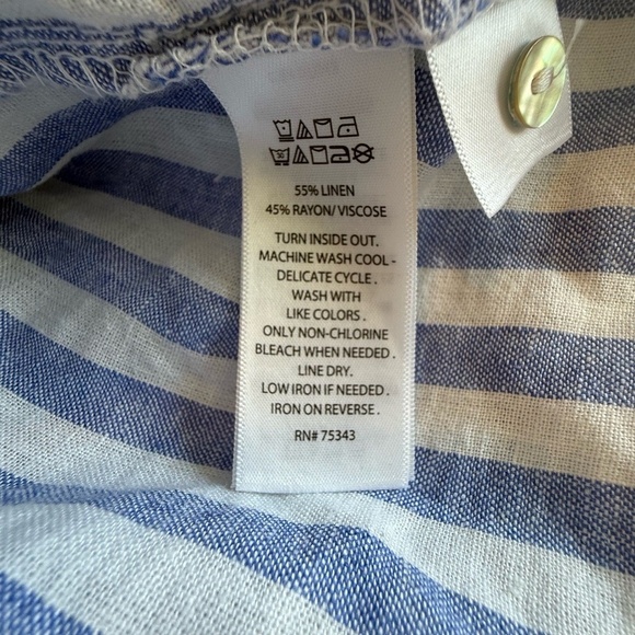 Nicole Miller Large Blue White Striped Linen 3/4 Sleeve Button Down - Picture 7 of 7